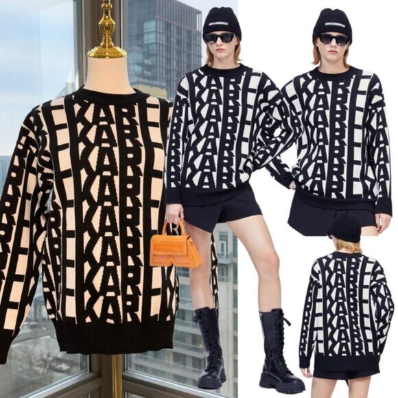 🆕 KARL LAGERFELD 🧿 NWT KARL Logomania Pullover Sweater, Black & White, Sz M - Picture 1 of 12